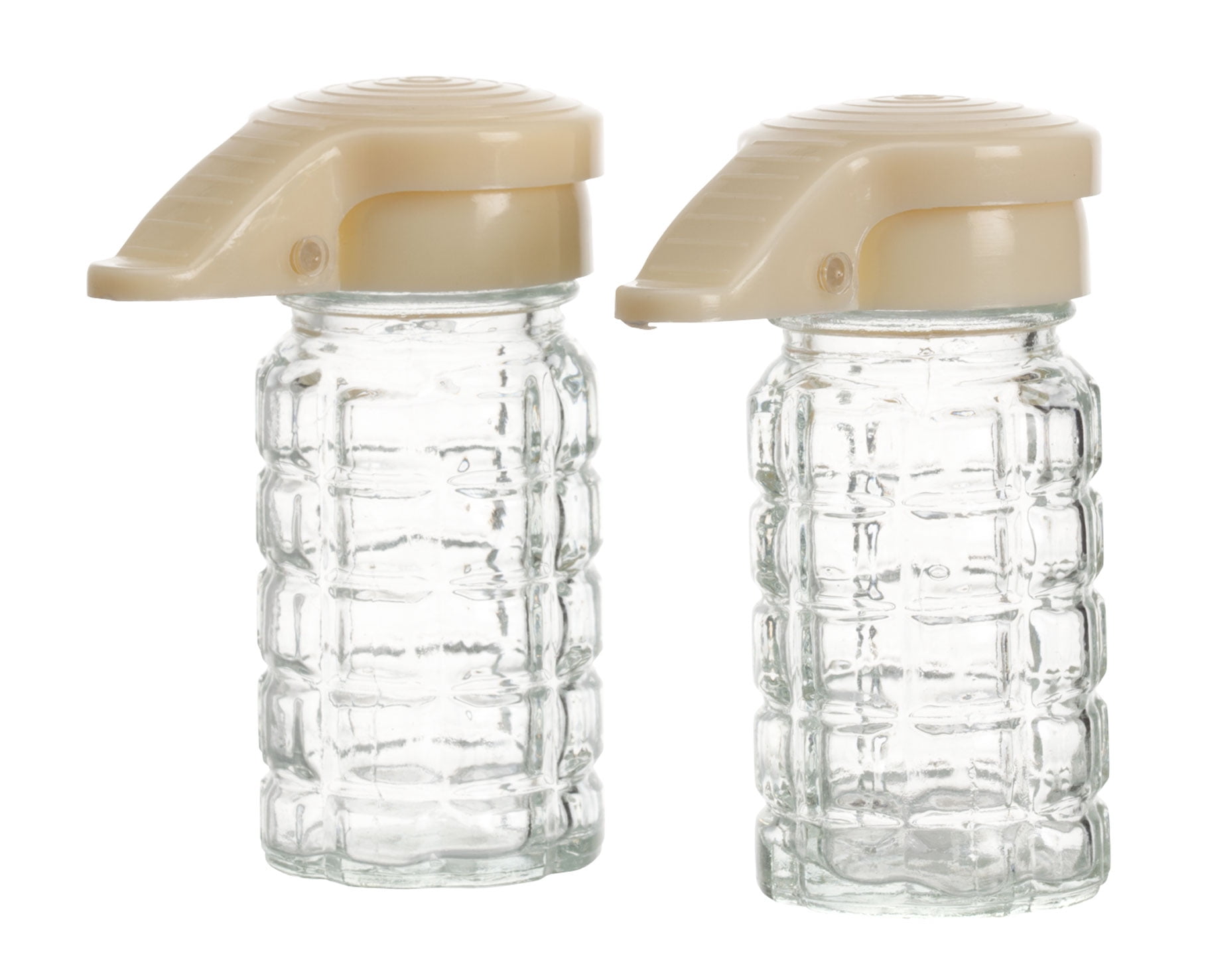 Cylindrical Clear Glass Salt and Pepper Shakers with Beige Plastic Lids