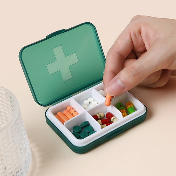 Moisture-Proof Weekly Pill Organizer with 6 Removable Compartments, Semi-Transparent Travel Storage Box for Vitamins Medication Supplements – Compact Mini Organizer for Purse Backpack Daily Use