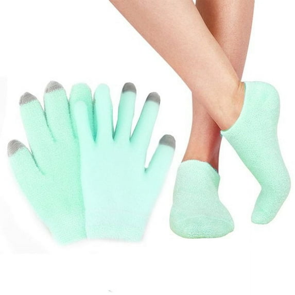 Triani Moisturizing Gel Booties and Gloves Set Moisturizing Spa Gloves and Socks Heal Eczema Cracked Dry Skin for Repair Treatment (Fuzzy Green)
