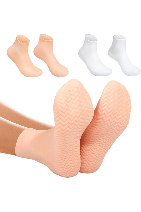 Moisturizing Socks for Dry Cracked - 2 Pairs, XL Long Size, Non-Slip Heel Socks for Women and Men - High Stretch Foot Care Pedicure - White & Beige