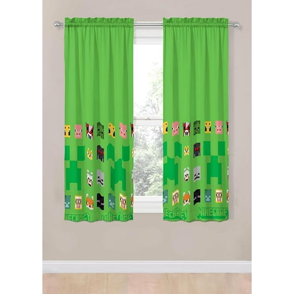 Mojang Minecraft Creeper & Faces 2 Panels Drapes Set - 63 Inch Long - Gamer Kids Room Curtains