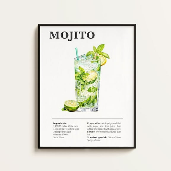Mojito Recipe Print, Cocktail Illustration, Bar Kitchen Art - Wall Art Print, 16x24 UNFRAMED