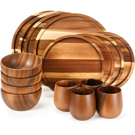Mojitor 16 Pcs Acacia Wood Dinnerware Set, Round Wooden Plates,Solid Wooden Bowls and Tea Cups, Acacia Wood Tableware Supplies, Easy Cleaning & Lightweight for Dishes Snack, Dessert, Set for 4