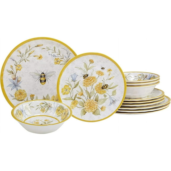 Mojitor Bee Sweet 12-Piece Melamine Dinnerware Set, Service for 4, Bee & Floral Plates and Bowls, Durable Shatterproof Outdoor Tableware for Spring & Summer Entertaining