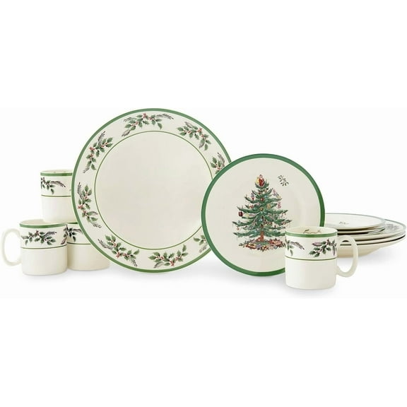 Mojitor Christmas Tree 12-Piece Dinnerware Set (Service for 4) - Festive Holiday Tableware with Plates & Mugs - Fine Earthenware Christmas Dinnerware - Microwave & Dishwasher Safe