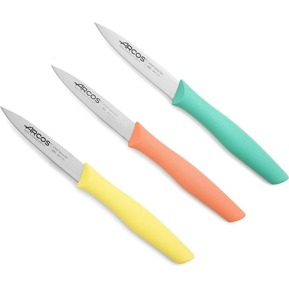 Mojitor Paring Knife Set of 3 Pieces 4 Inch Stainless Steel. Colorful Kitchen Knives for Peeling Fruits and Vegetables. Ergonomic Polypropylene Handle. Series Nova. Color Orange, Yellow and Blue.