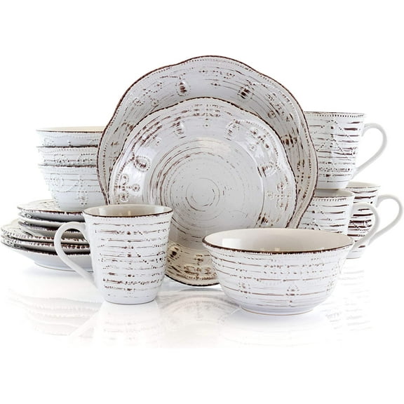 Mojitor Rustic Birch 16 Piece Embossed Scalloped Stoneware Round Dinnerware Set in White with Brown Accents