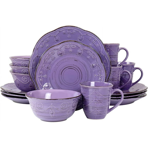 Mojitor Rustic Birch 16 Piece Stoneware Dinnerware Set in Purple, Purple with Brown Accents, (EL-RUSTICBIRCH)