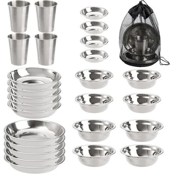 Mojitor Set of 26 Stainless Steel Camping Plates and Bowls, Camping Mess Kits Camping Dish Set Tableware includes Plates, Bowl, Cups, Stainless Steel Dinnerware for Camping, Hiking, Travel, Picnic