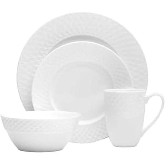 Mojitor Trellis Bone China 16-Piece Dinnerware Set, Service for 4, White Lightweight Porcelain with Textured Design, Chip-Resistant and Dishwasher Safe