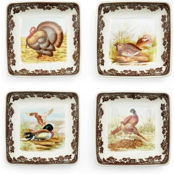 Mojitor Woodland Square Dishes, 3" - Dip Bowls - Assorted Animal Designs, Porcelain Ceramic Hunting-Themed Tableware - Microwave & Dishwasher Safe - For Dips, Sauces, Appetizers, Desserts (Set of 4)