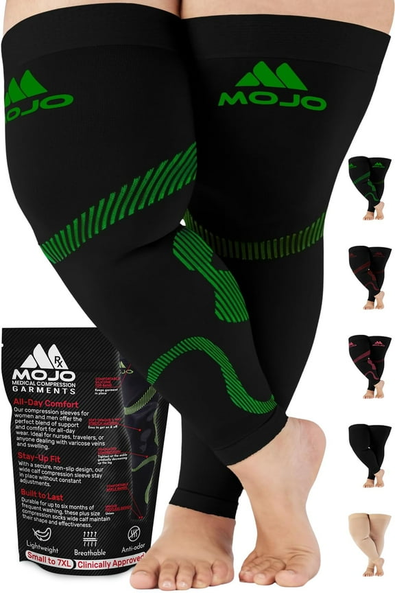 Mojo Compression: Extra Wide Thigh High Compression Sleeves (20-30mmHg) - Black/Green, 5XL