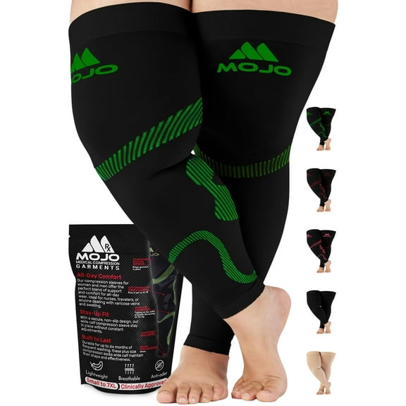 Mojo Compression: Extra Wide Thigh High Compression Sleeves (20-30mmHg) - Black/Green, 5XL