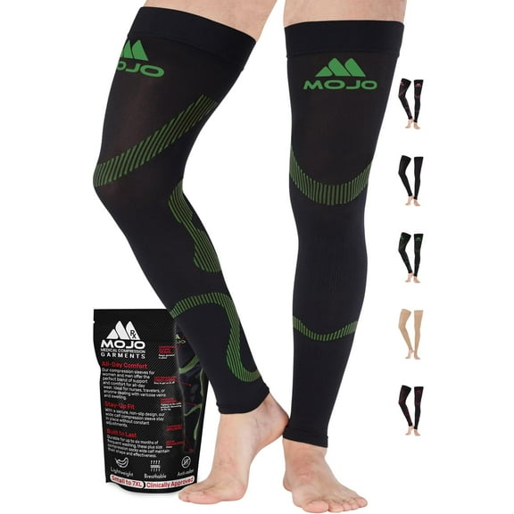 Mojo Compression Footless Thigh High for Men & Women 20-30mmHg Black/Green, X-Large