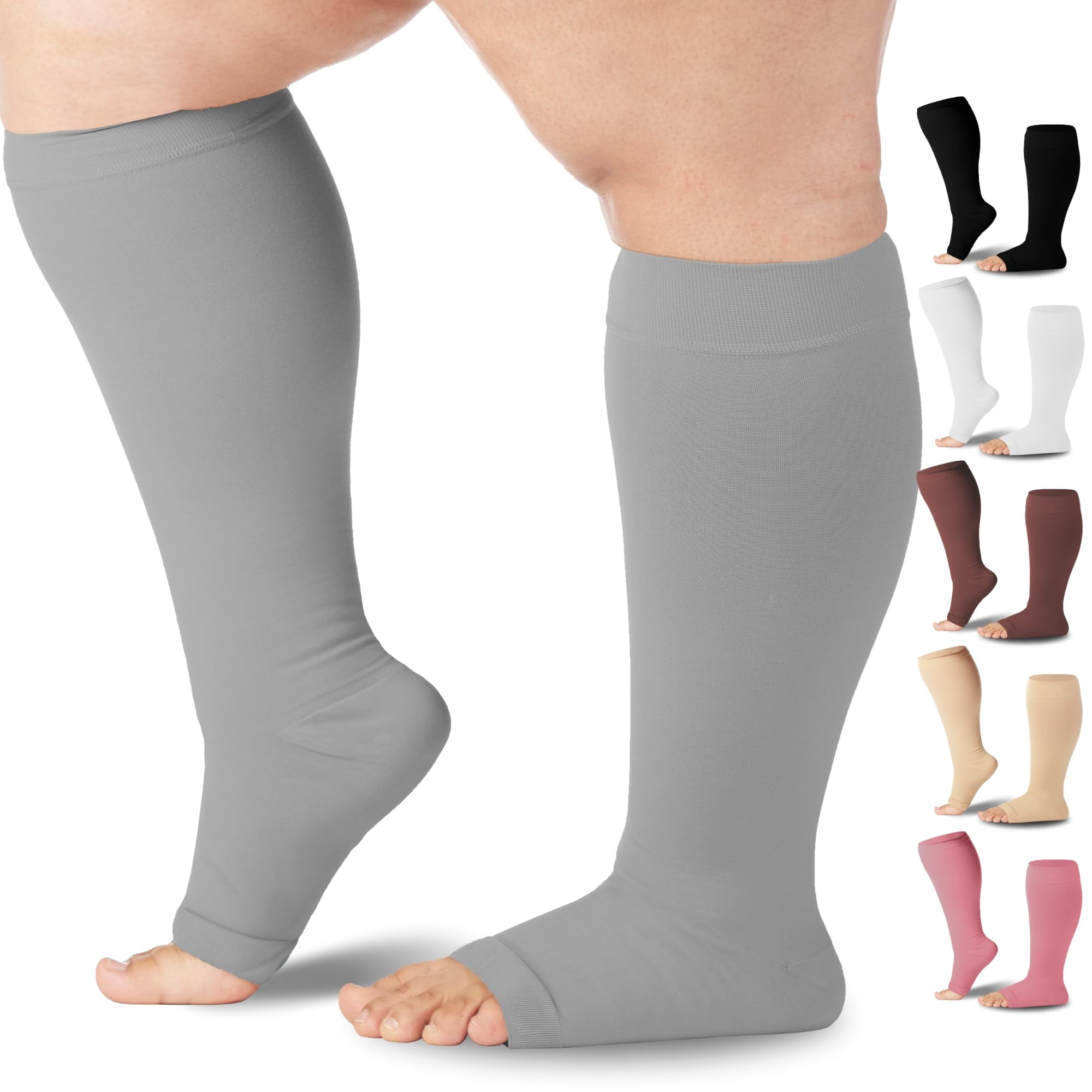 Mojo Compression Socks Grey Open Toe KneeHi 2XL Unisex, Plus Size