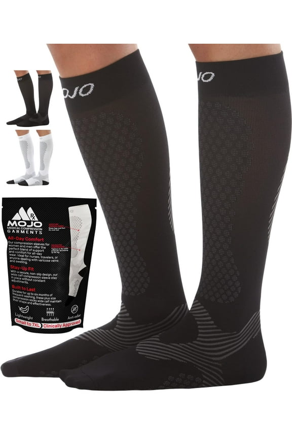 Mojo Opaque Compression Socks for Women and Men Edema 20-30mmHg Black, X-Large