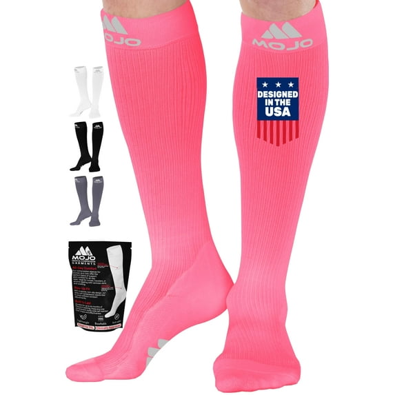 Mojo Opaque Compression Stockings for Women and Men 20-30mmHg - Hot Pink, Large