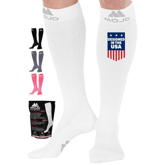 Mojo Opaque Compression Stockings for Women and Men 20-30mmHg - White, Large