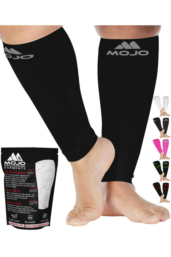 Mojo Unisex Calf Athletic Compression Sleeves 20-30mmHg Black, 4X-Large