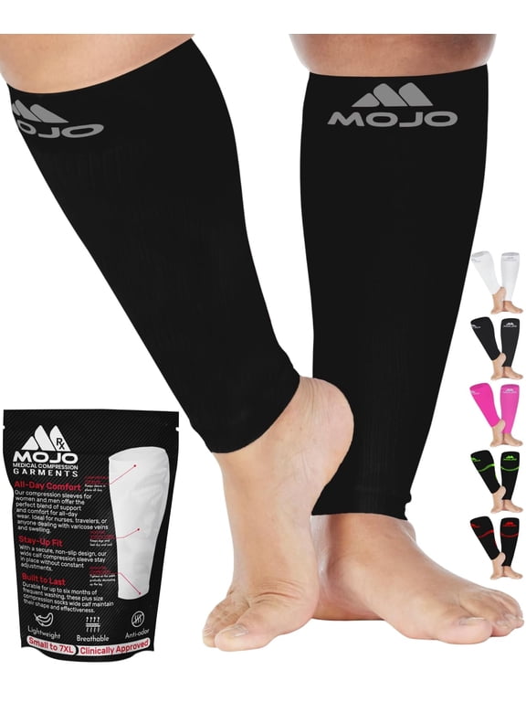 Mojo Unisex Calf Athletic Compression Sleeves 20-30mmHg Black, 4X-Large