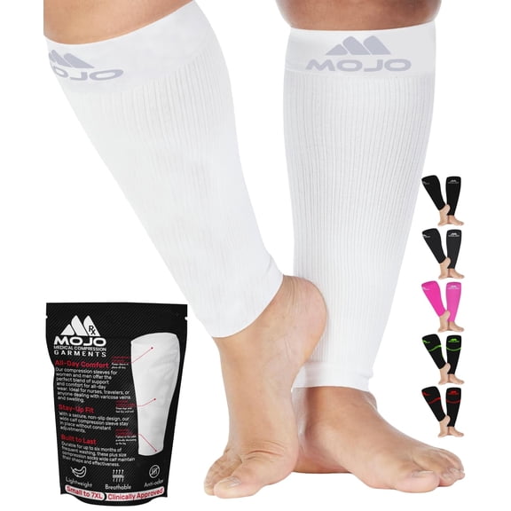 Mojo Unisex Compression Calf Sleeve 20-30mmHg for Travel Running, White, Large