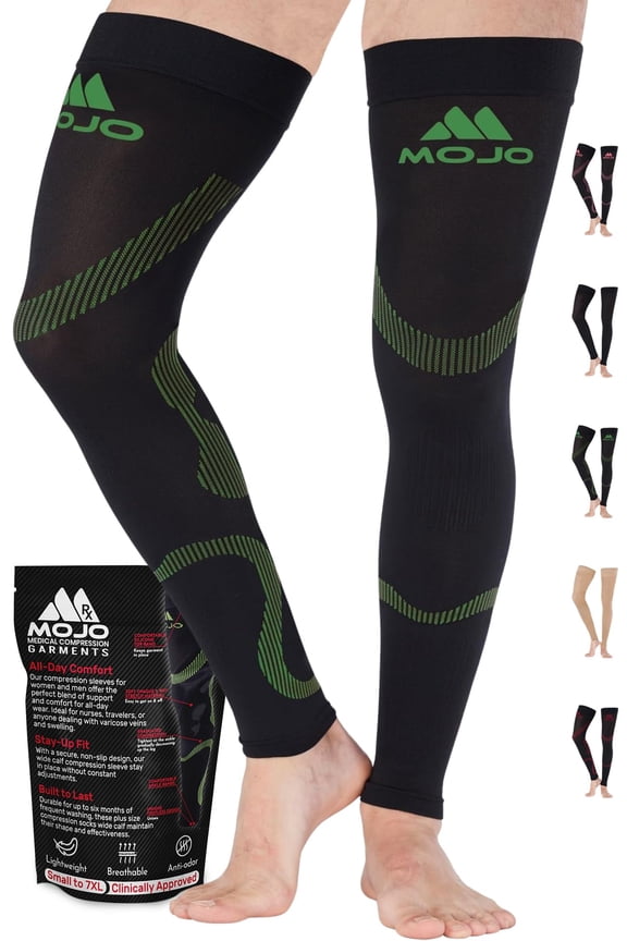 Mojo Unisex Opaque Footless Compression Stockings 20-30mmHg - Black/Green,Medium