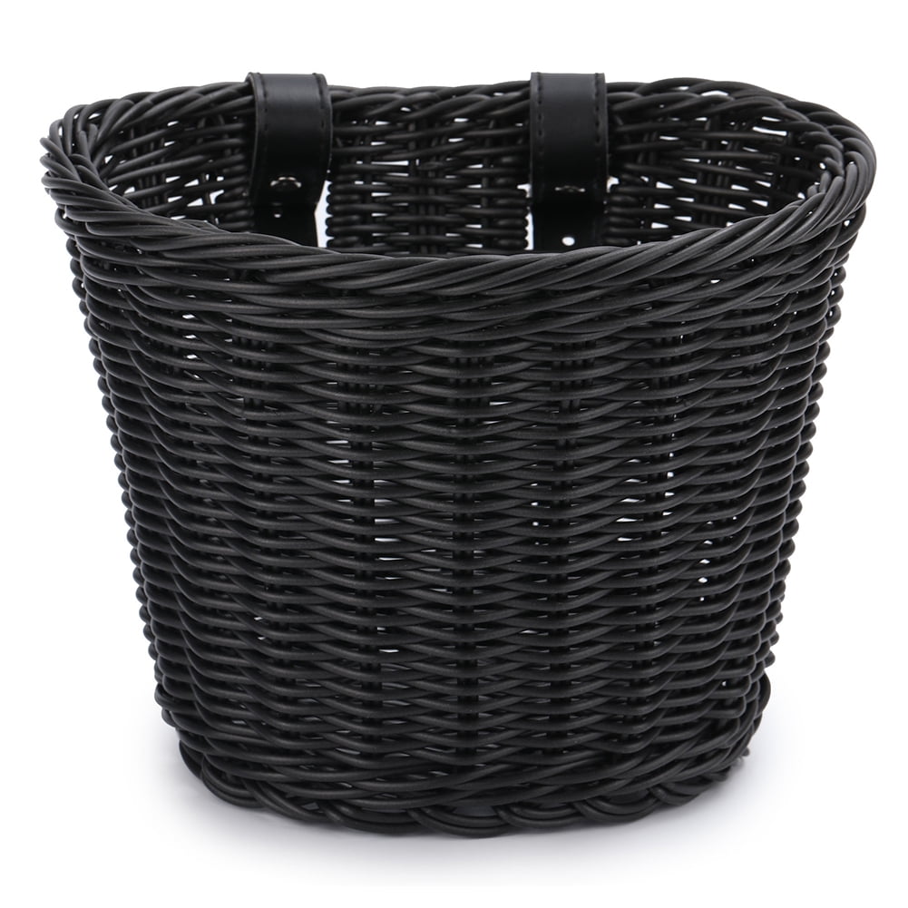 SHUWND Bike Basket for Front Handlebar Kid Adult Bicycle Handlebar Wicker Basket Bike Decoration Waterproof with Leather Straps Accessories Basket(Black)