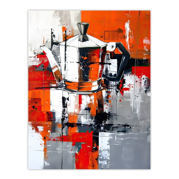 Moka Coffee Pot Abstract Orange Grey Painting Kitchen Large Wall Art Poster Print Thick Paper 18X24 Inch