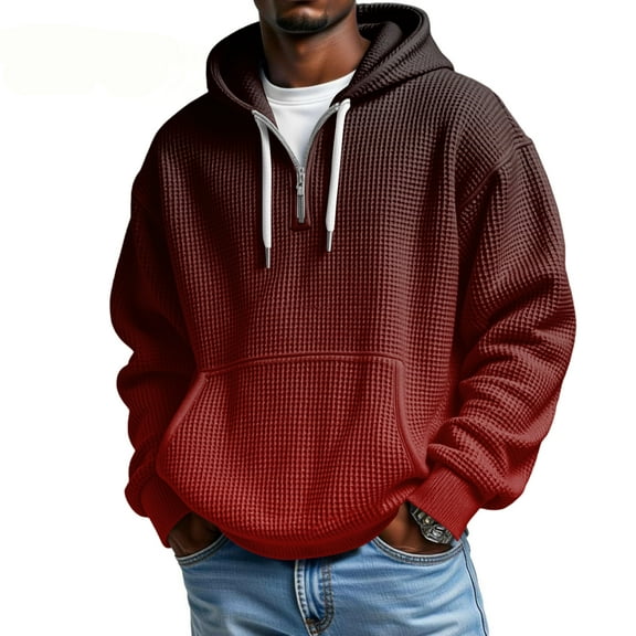 Mokaloha Men's Casual Solid Color Zipper Long Sleeve Hooded Sweatshirt - Everyday Zip Up Hoodie with Waffle Gradient Print for Comfort and Style,Wine,S