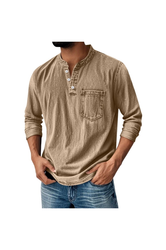 Mokaloha Mens Long Sleeve Henley Shirt, Men's Retro Washed Denim Stand Collar Pocket Casual Distressed Long Sleeve Pullover Tops Khaki XXL