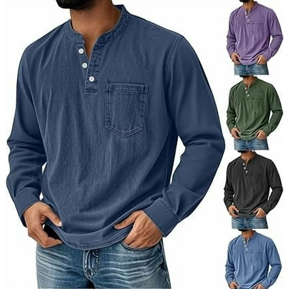 Mokaloha Mens Shirts Long Sleeve Pacificozy Men's Shirts Retro Stand Collar Pocket Casual Distressed Long Sleeve Henley Shirt