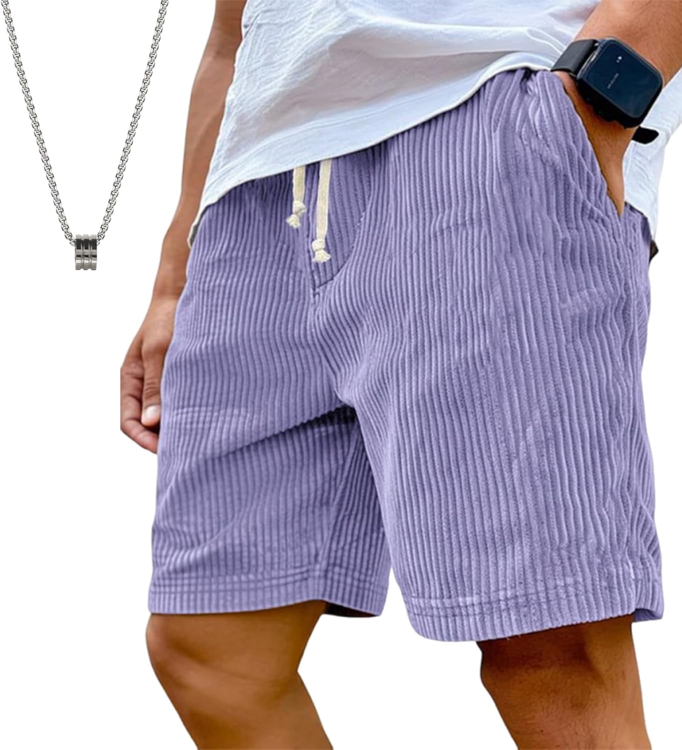 Mokaloha Mens Shorts, Casual Corduroy Drawstring Elastic Waist