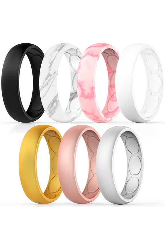 7-Pack Breathable Designed Silicone Wedding Ring for Women, Size 9