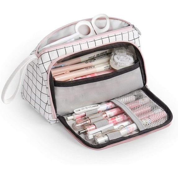 Mokani Pencil Pouch, Big Capacity Pencil Pen Case with Handle, Canvas Bag Stationery Boxl, Plaid Black