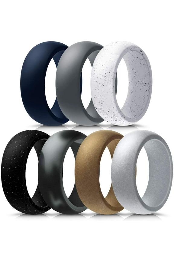 Silicone Ring for Men, 7-Pack Step Edge Sleek Design Rubber Wedding Bands, Size 10