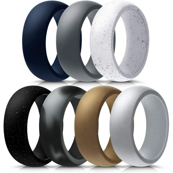 Mokani Silicone Ring for Men, 7-Pack Step Edge Sleek Design Rubber Wedding Bands, Size 11