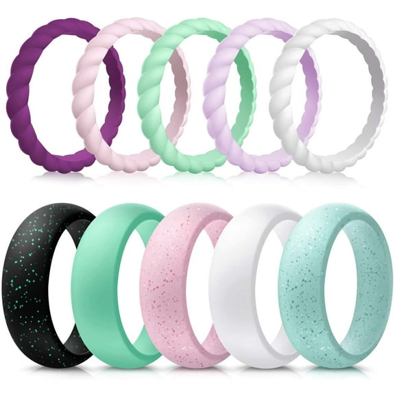 Mokani Silicone Wedding Ring for Women, 10-Pack Thin and Braided Rubber Band, Size 10