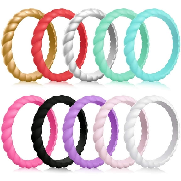 Mokani Silicone Wedding Ring for Women, 10-Pack Thin and Braided Rubber Band, Size 4