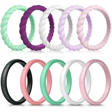 Mokani Silicone Wedding Ring for Women, 10-Pack Thin and Braided Rubber Band, Size 5