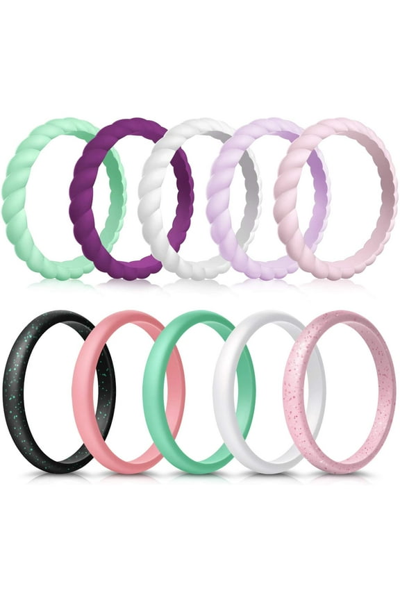 Silicone Wedding Ring for Women, 10-Pack Thin and Braided Rubber Band, Size 8