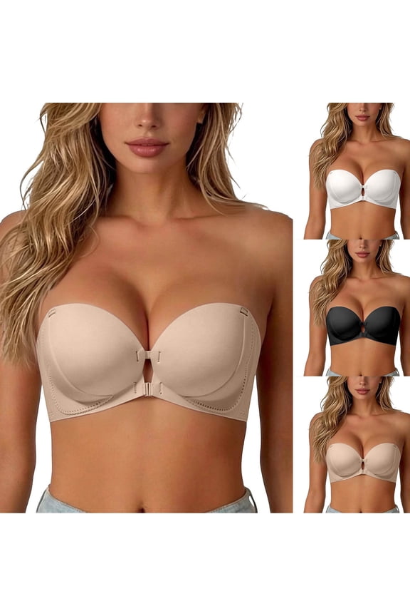 Mokibras Strapless Bra for Women, Wireless Front Closure Push up Padded Non Tube Jelly Bra, Invisible Strapless Bras with Detachable Shoulder Straps