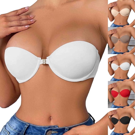 Mokibras Strapless Bra, Womens Strapless Front Closure Bra Wireless Push up Padded Non Slip Tube Jelly Bra with Detachable Shoulder Straps