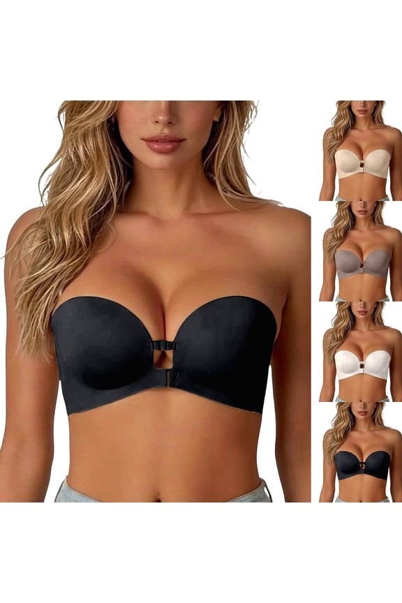 Mokibras Strapless Bra for Women, Wireless Front Closure Push up Padded Non Tube Jelly Bra with Detachable Shoulder Straps