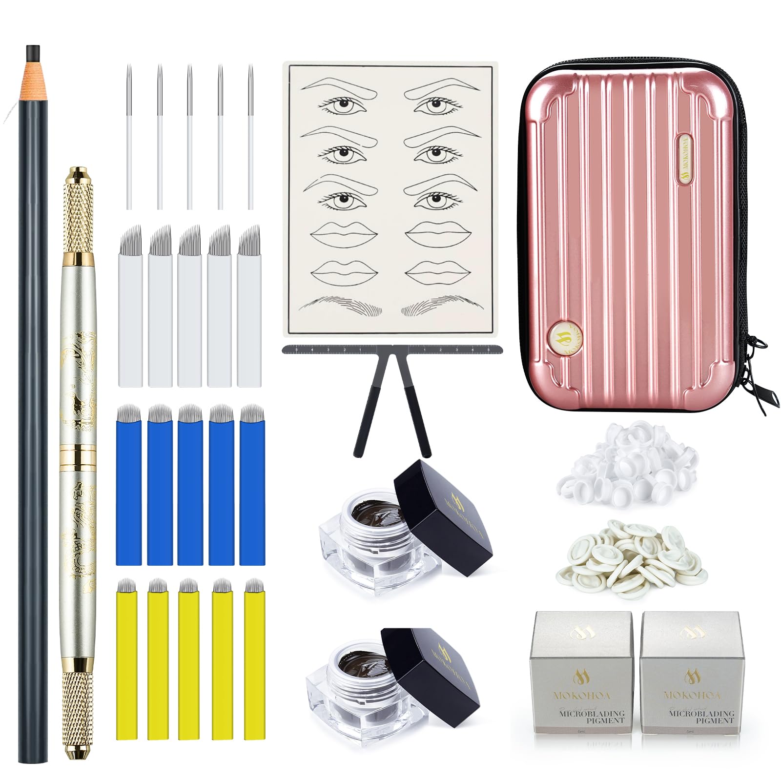 Mokohoa Microblading-Set Komplett - Mit Stift, Klingen, Pigment, Übungshaut & Reißverschlusstasche