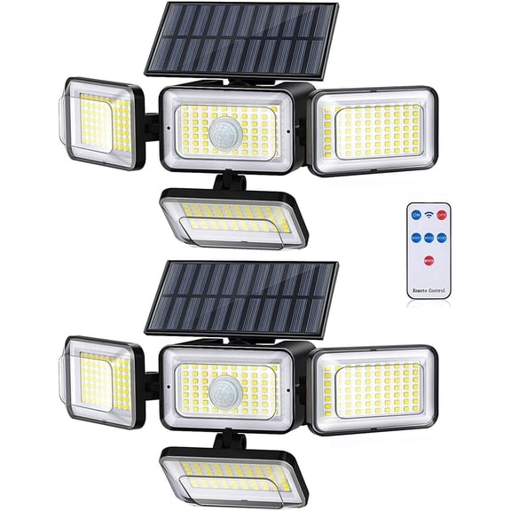 Mokot Solar Flood Security Lights 288 LED 2800 lumen Motion Sensor Remote Control 4 Heads Waterproof Outdoor 2 Pack