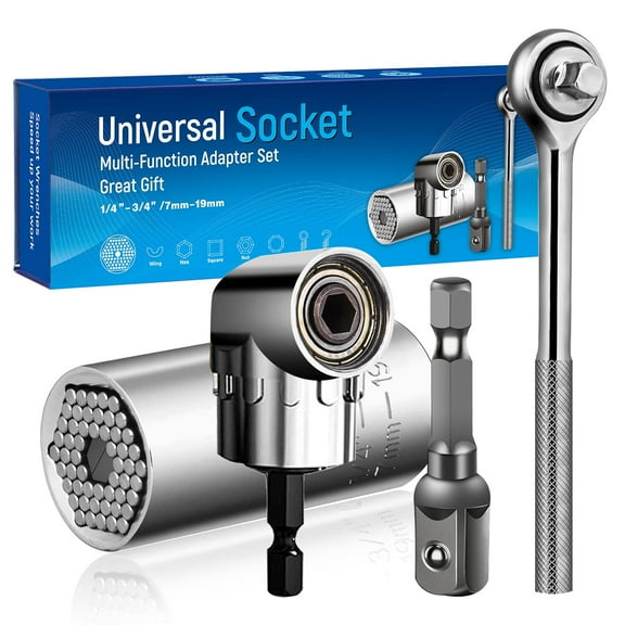 Mokoze Universal Socket Tool, Ratchet Wrench with 1/4"-3/4" (7mm-19mm) 105 Degree Right Angle Drill Attachment 4Pc Set for Daily Maintenance, Dad Men Christmas Fathers Gift C21