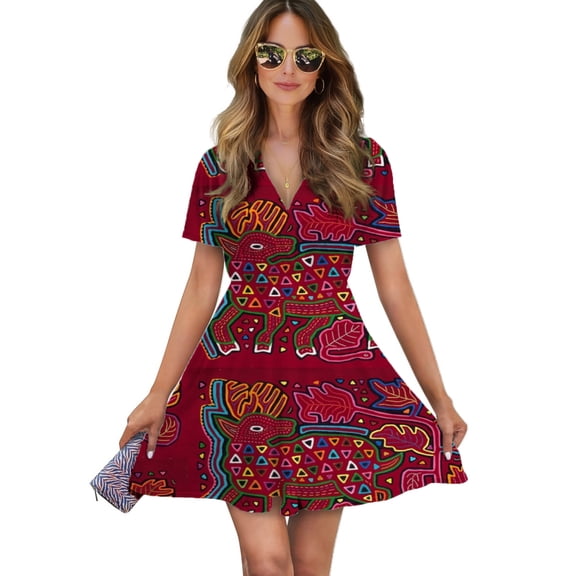 Mola De Panama Deer Women Dress V-Neck Short Sleeve Flowy Swing Party Midi Dress