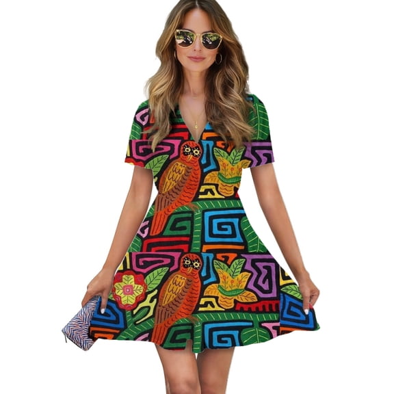 Mola De Panama Mounted Women Dress V-Neck Short Sleeve Flowy Swing Party Midi Dress