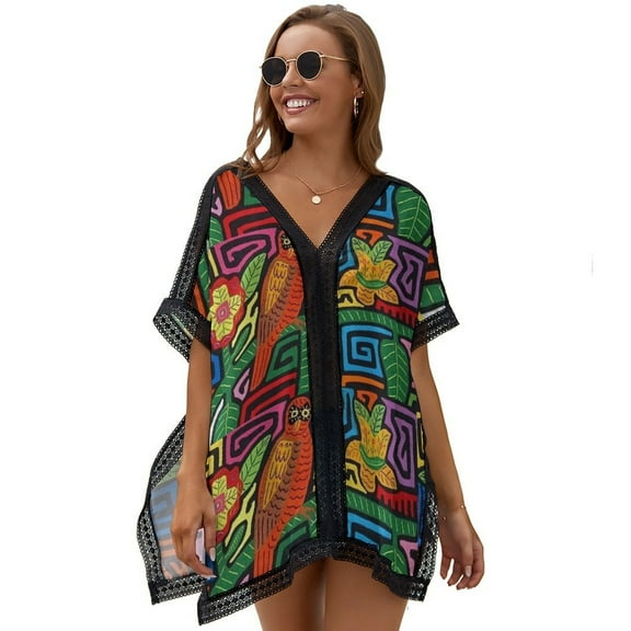 Mola De Panama Mounted Women's Swimsuit Coverup Summer Beach Cover Up Bathing Suit Dress