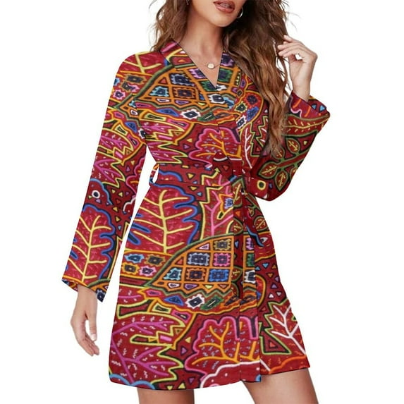 Mola De Panama Turtle Night Robe Long Sleeve V Neck Robe With Belt Women's Sleepwear Dresses